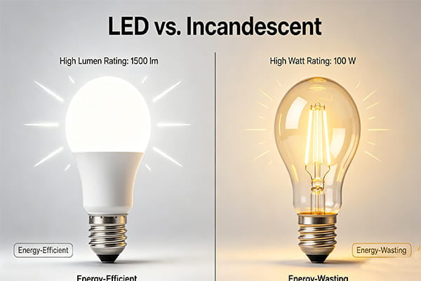A graphic comparing a bright LED bulb with a high lumen rating to a dim incandescent bulb with a high watt rating